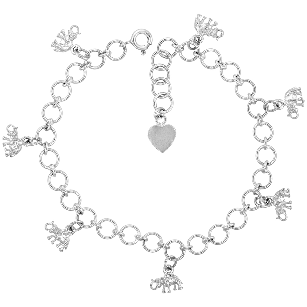 Sabrina Silver Sterling Silver Dangling Elephants Anklet for Women 15mm drops fits 9-10 inch ankles