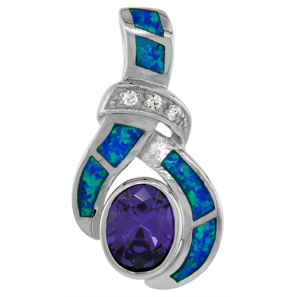 Sabrina Silver Sterling Silver Synthetic Opal Pendant for Women Hand Inlay Amethyst CZ 7x9 mm Oval 1 1/8 inch long