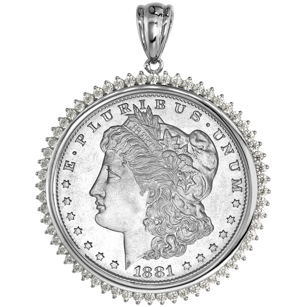 Sabrina Silver Sterling Silver Cubic Zirconia Silver Dollar Bezel CZ Halo 38 mm Mexican Olympic Coins Prong Back Coin NOT Included