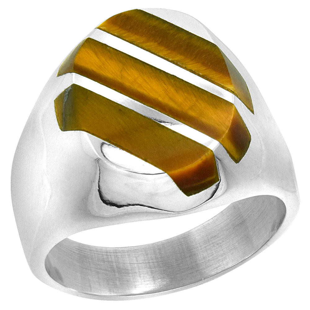 Sabrina Silver Sterling Silver Tiger Eye Ring for Men Large Oval 3 Stripe Diagonal Solid Back Handmade, sizes 9-13