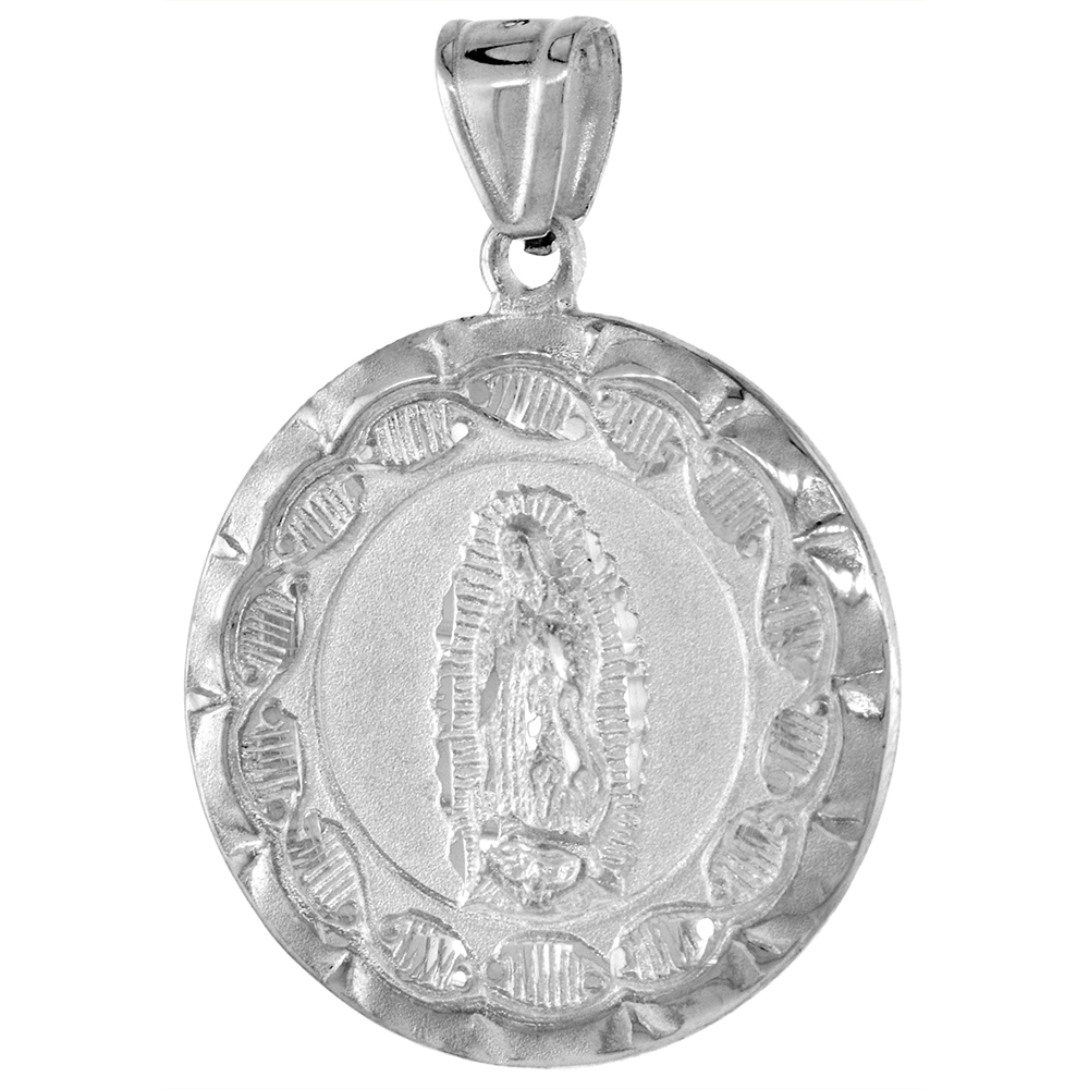 Sabrina Silver 1 1/16 inch Round Sterling Silver Double Sided Our Lady of Guadalupe & Sacred Heart of Jesus Medal Pendant for Men 27 mm Round