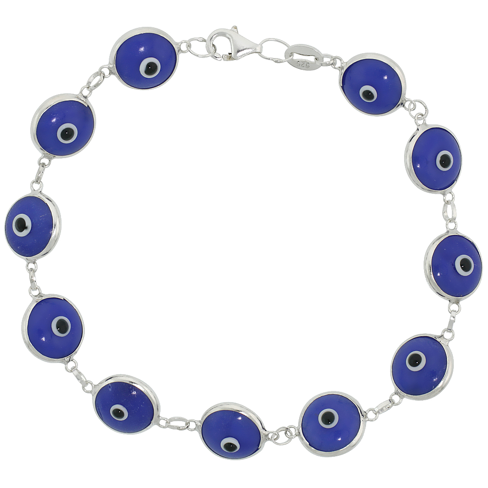 Sabrina Silver Sterling Silver Tanzanite color Blue Evil Eye Bracelet for Women and Girls 10 mm Glass Eyes 8 inch