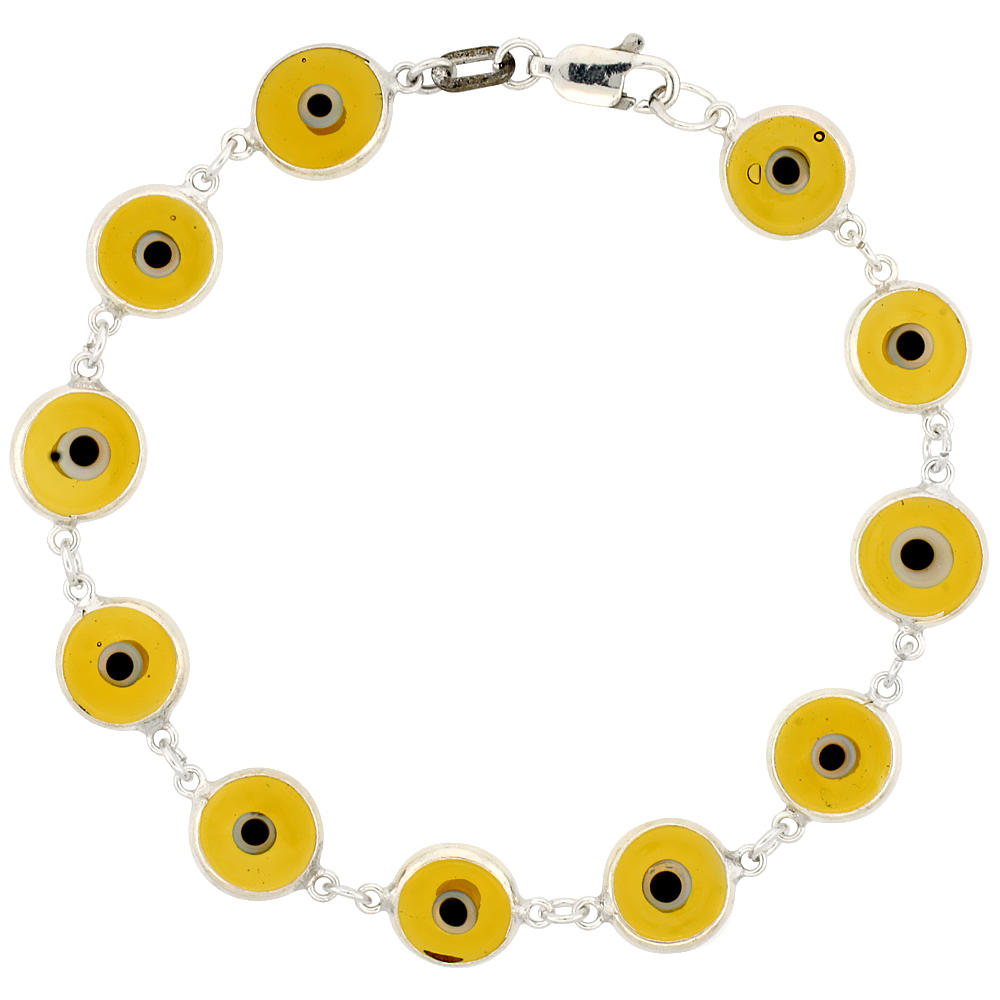 Sabrina Silver Sterling Silver Lemon color Yellow Evil Eye Bracelet for Women and Girls 10 mm Glass Eyes Clear 8 inch
