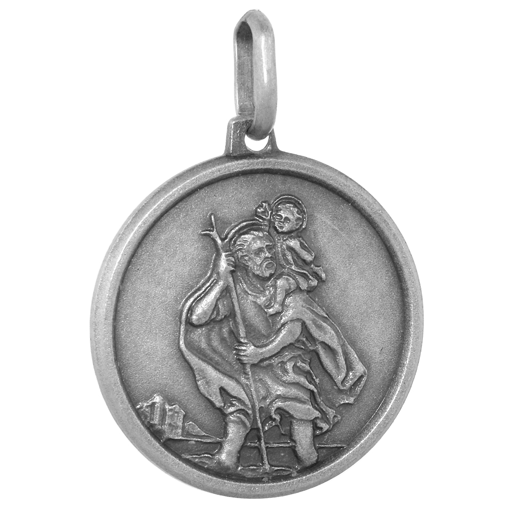 Sabrina Silver 18mm Sterling Silver St Christopher Medal Necklace 3/4 inch Round Antiqued Finish Nickel Free Italy with Stainless Steel Chain