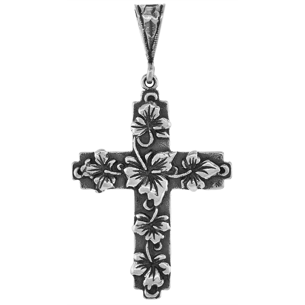 Sabrina Silver 1 5/8 inch Sterling Silver Rose of Sharon Cross for Men and women Diamond-Cut Oxidized finish NO Chain