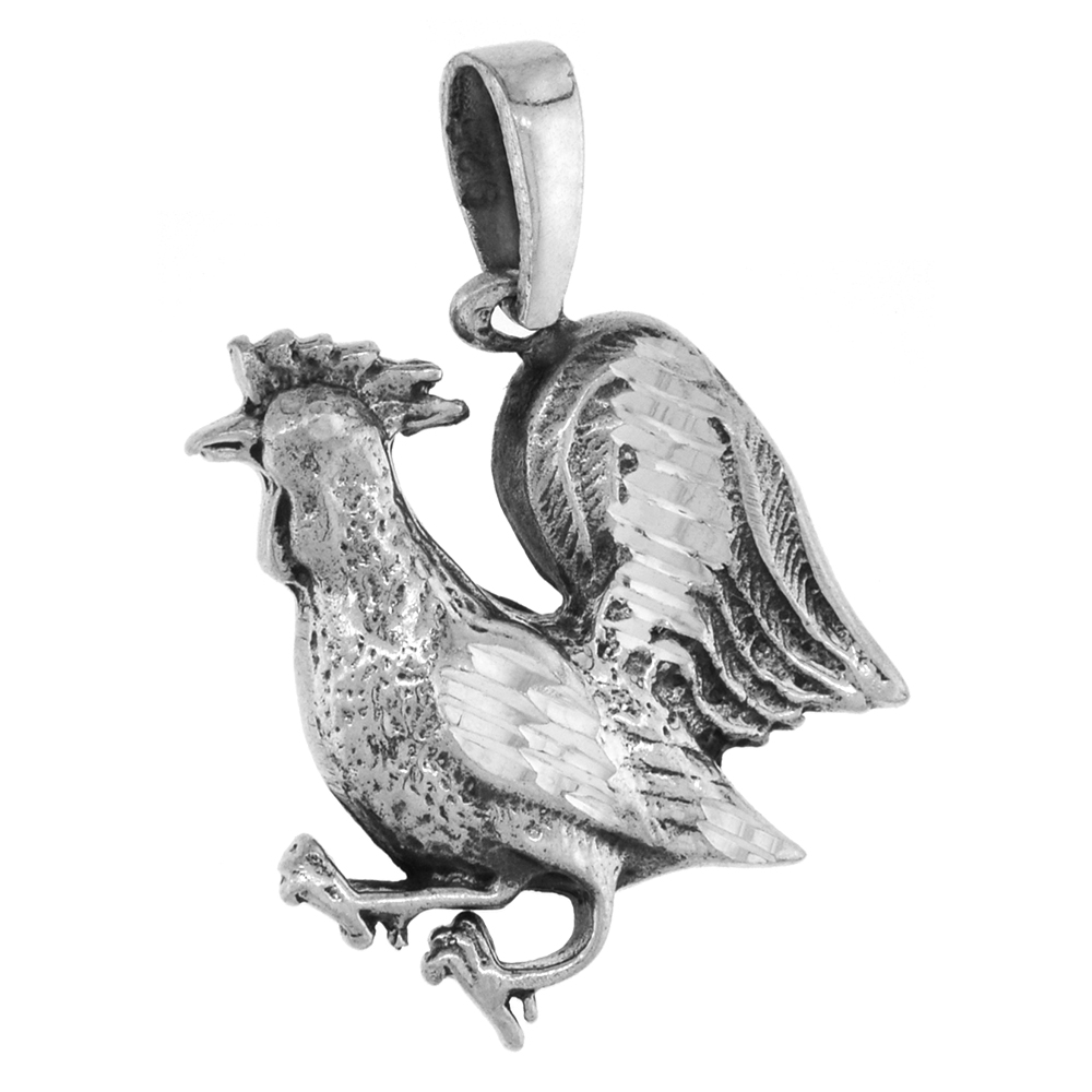 Sabrina Silver 1 1/4 inch Sterling Silver Jumping Rooster Pendant Diamond-Cut Oxidized finish NO Chain