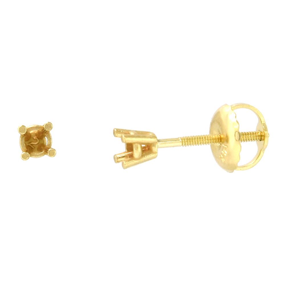 Sabrina Silver 2mm 14K Yellow Gold Diamond Stud Earrings Screw Back 4 Prong Brilliant Cut 0.08 ct /pair