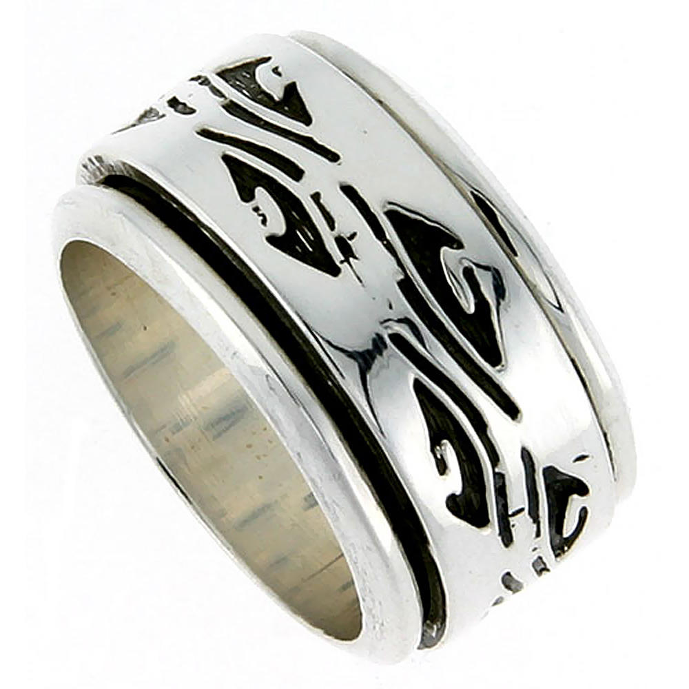 Sabrina Silver 13mm Sterling Silver Mens Spinner Ring Native American Pattern Handmade 1/2 inch wide
