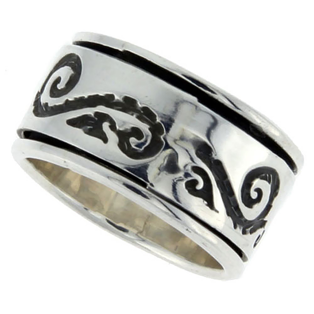 Sabrina Silver 12mm Sterling Silver Mens Spinner Ring Sun Rays Design Handmade 1/2 inch wide
