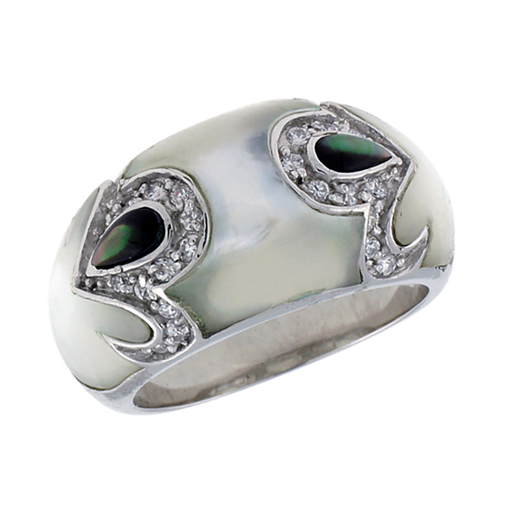 Sabrina Silver Sterling Silver Tear Drop Abalone and Mother of Pearl Dome Ring for Women Accented with Tiny CZ stones 7/16 inch wide