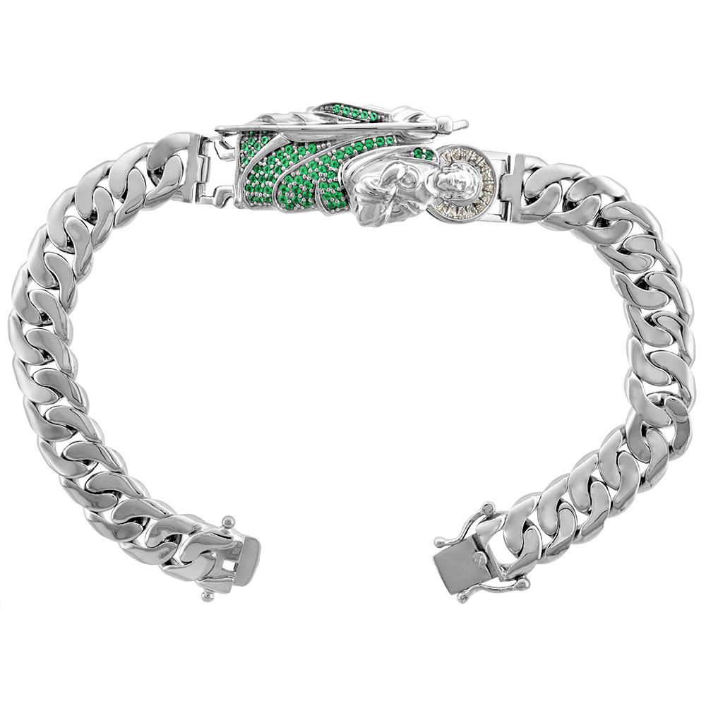 Sabrina Silver 10mm Wide Sterling Silver Cubic Zirconia Green St Jude Bracelet for Men Cuban Chain Links Rhodium Finish Box Clasp 8 inch