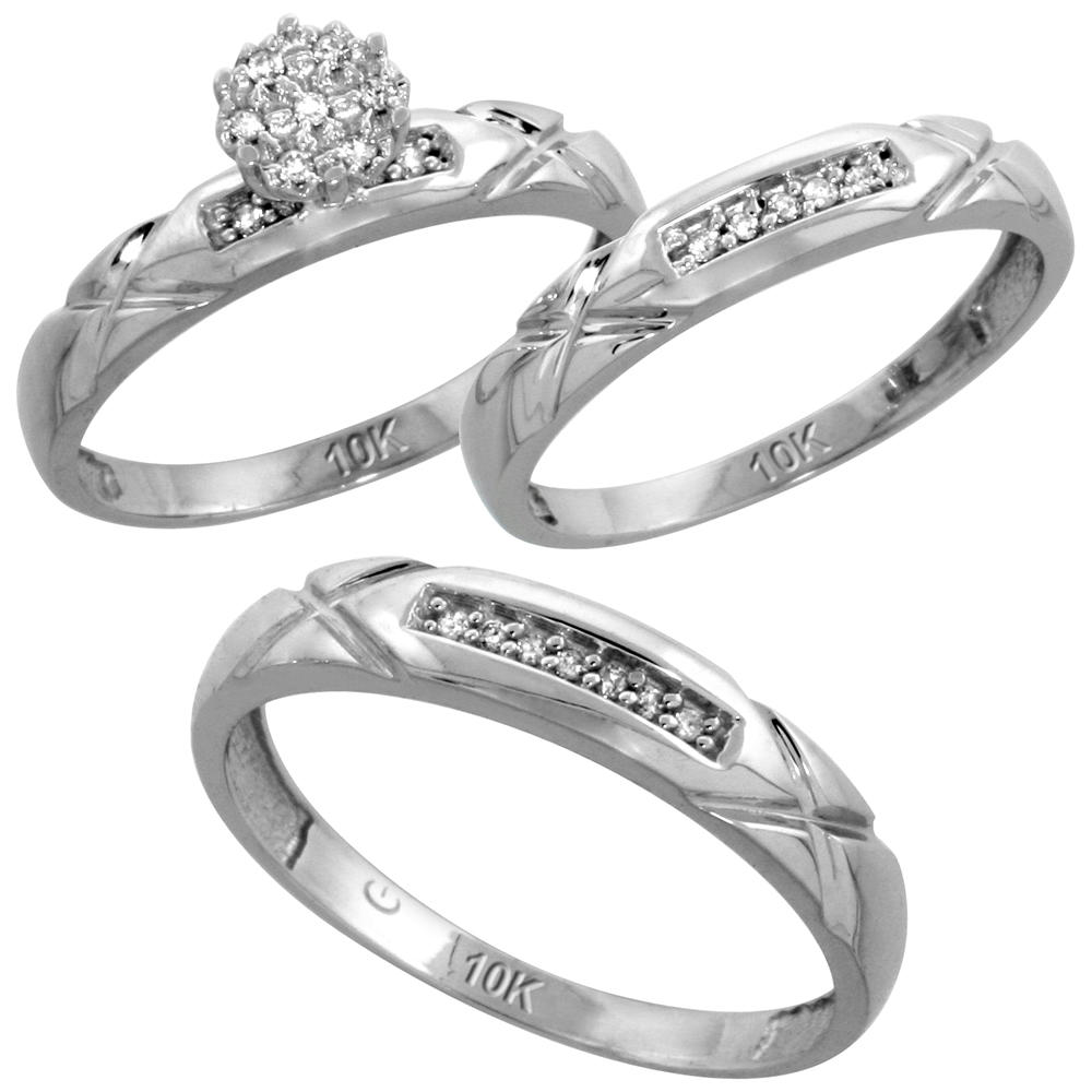 Sabrina Silver 10k White Gold Diamond Trio Engagement Wedding Ring Set for Him and Her 3-piece 4 mm & 3.5 mm wide 0.13 cttw Brilliant Cut, ladi