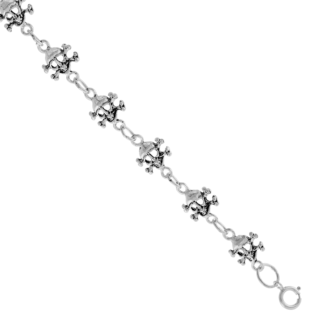 Sabrina Silver Dainty Sterling Silver Skull Bracelet for Women and Girls 3/8 wide 7.5 inch long