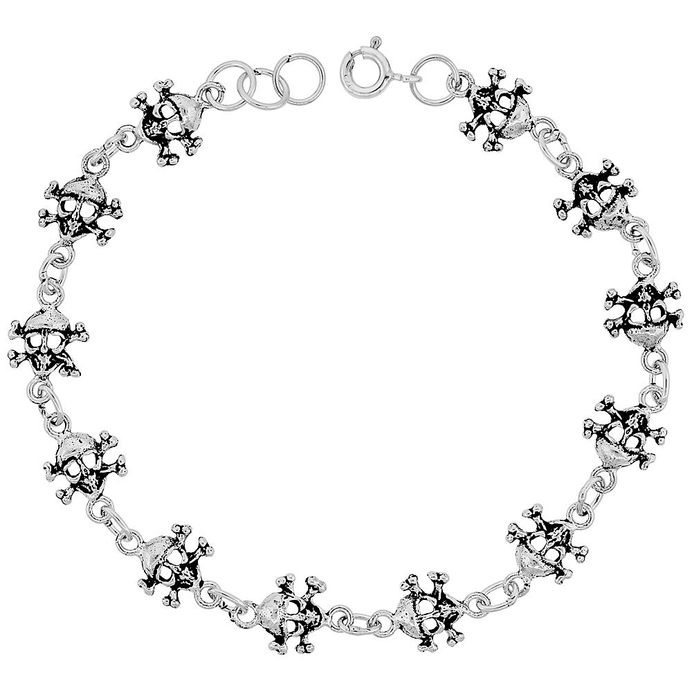Sabrina Silver Dainty Sterling Silver Skull Bracelet for Women and Girls 3/8 wide 7.5 inch long