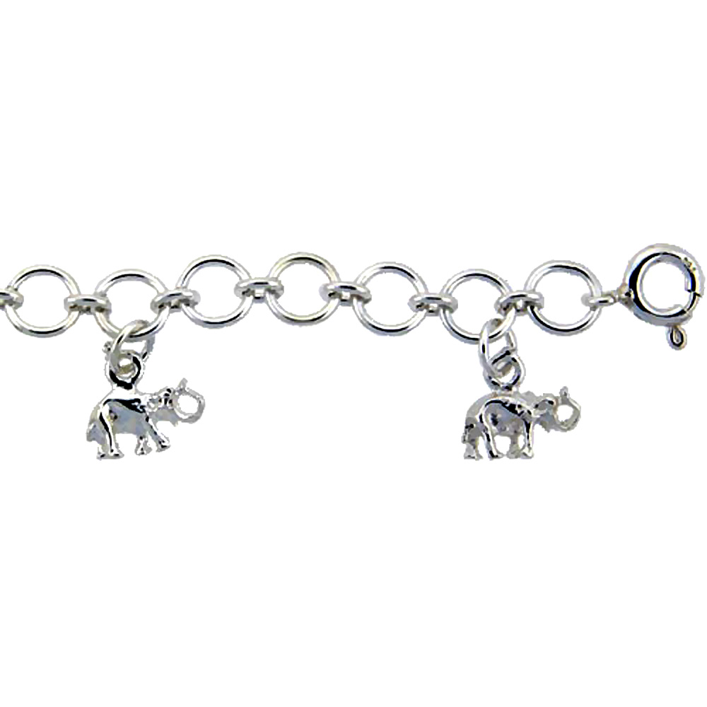 Sabrina Silver Sterling Silver Dangling Elephants Anklet for Women 15mm drops fits 9-10 inch ankles