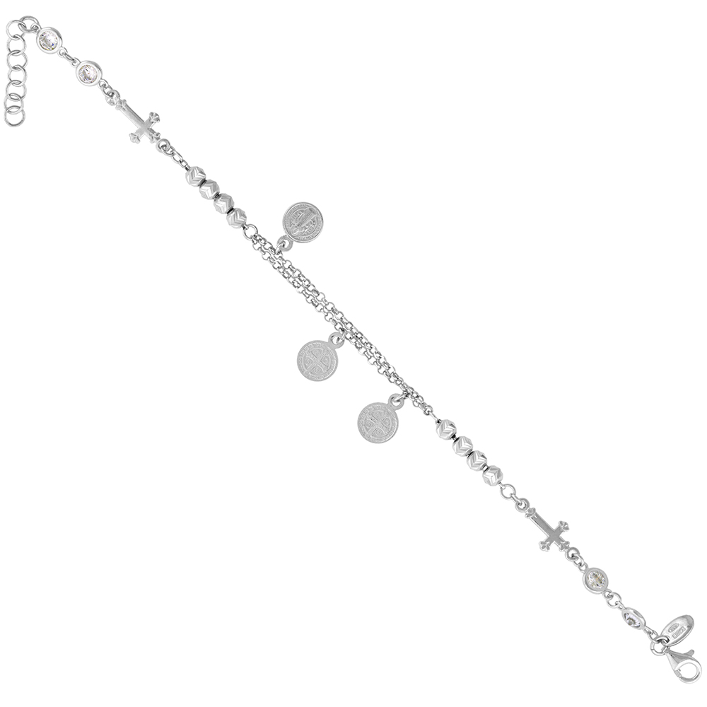 Sabrina Silver Sterling Silver St. Benedict Bracelet for Women Crosses Diamond Cut Beads CZ Rhodium 7-8 inch