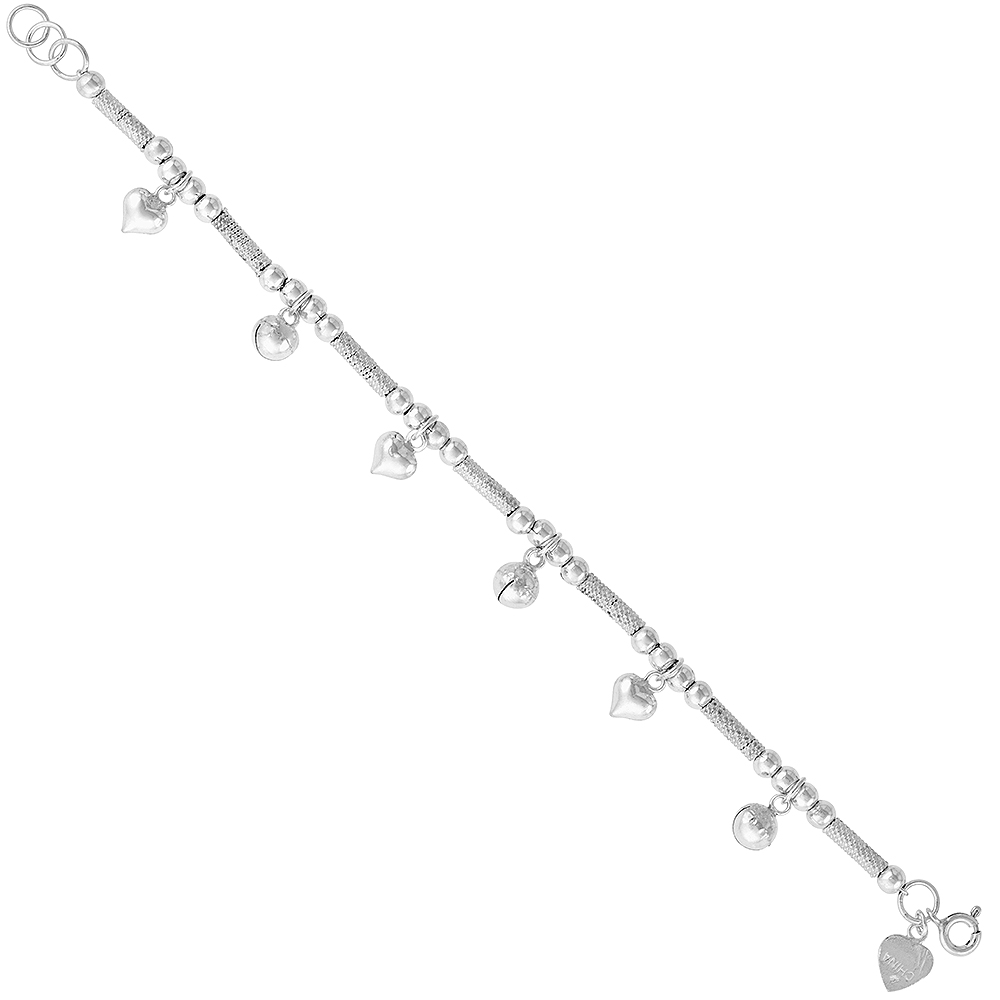 Sabrina Silver Sterling Silver Dangling Puffy Hearts and Jingle Bells Charm Charm Bracelet for Women 13mm drop fits 7-8 inch wrists