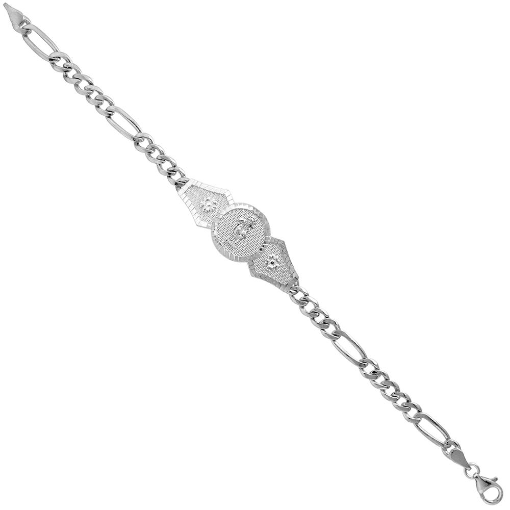 Sabrina Silver Sterling Silver Santa Muerte Figaro Link Bracelet for Women 1/2 inch wide 7 inch long