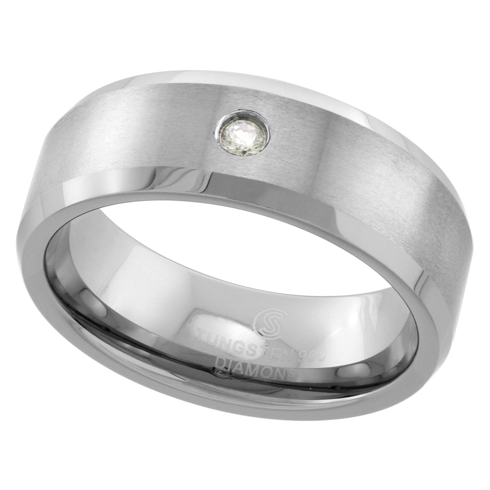 Sabrina Silver 8mm Tungsten 900 Diamond Wedding Ring 0.072 cttw Beveled Edges Comfort fit, sizes 8 to 13
