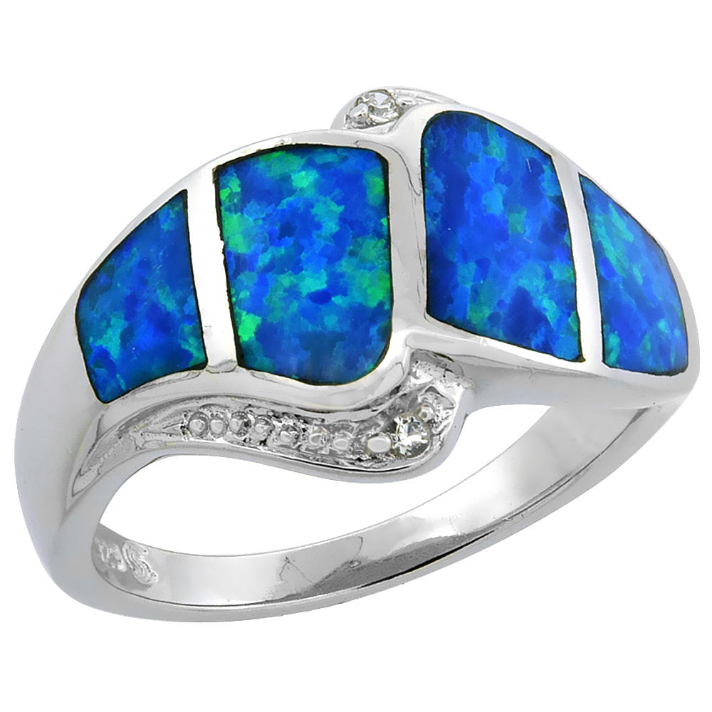 Sabrina Silver Sterling Silver Blue Synthetic Opal Bypass Ring for Women CZ Accent 9/16 inch