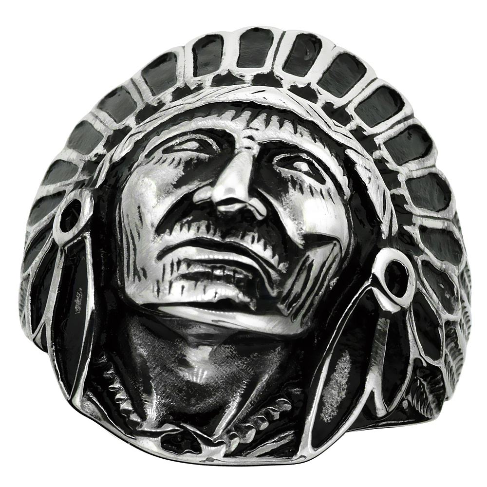 Sabrina Silver Surgical Stainless Steel Biker Ring Indian Chief Head 1 3/16 inch wide, sizes 9 - 15