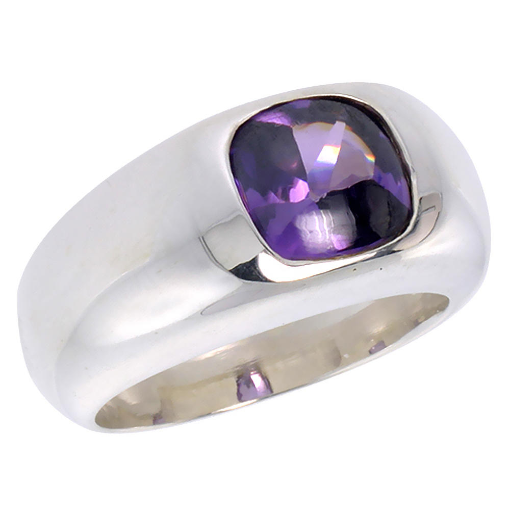 Sabrina Silver Sterling Silver Amethyst CZ Solitaire Ring Cushion Cut 1.9 ct, sizes 6 to 13