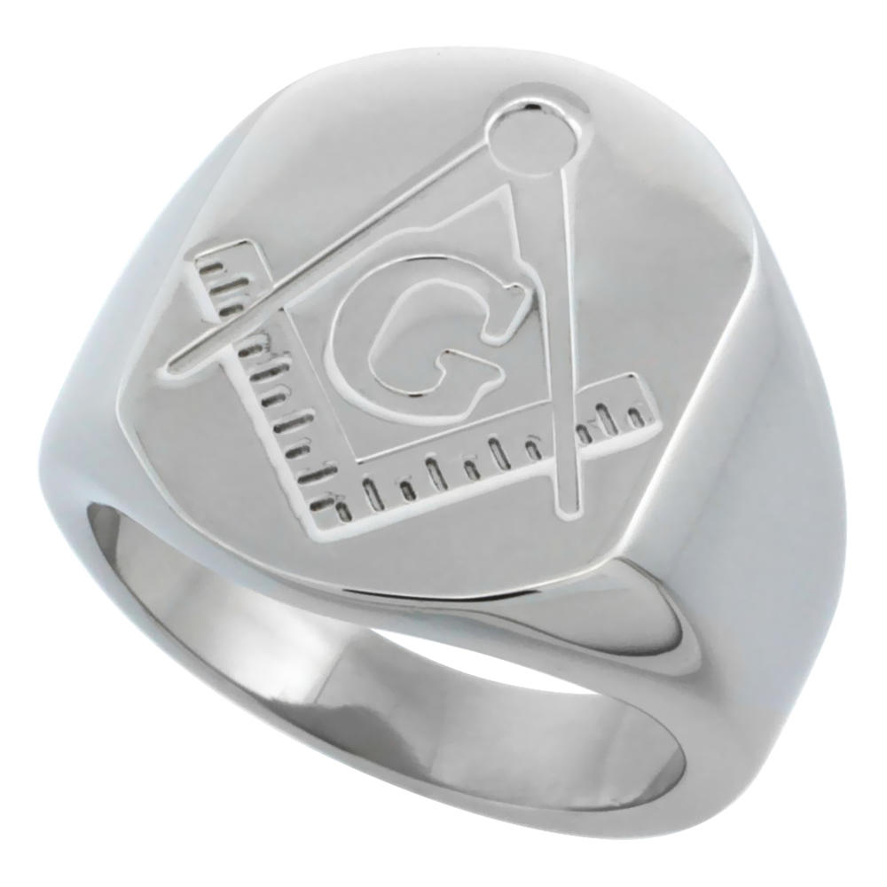 Sabrina Silver Surgical Stainless Steel Masonic Ring Square and Compass 3/4 inch, Sizes 8 - 14