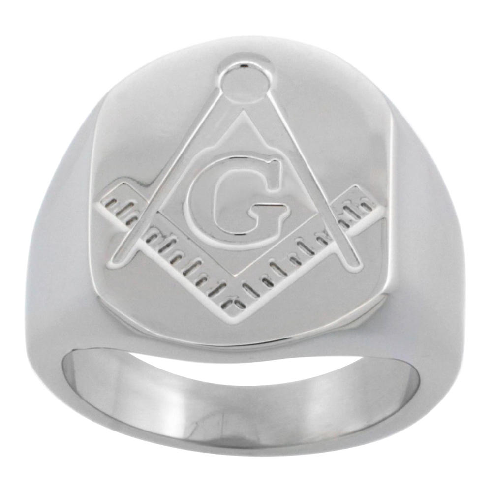 Sabrina Silver Surgical Stainless Steel Masonic Ring Square and Compass 3/4 inch, Sizes 8 - 14