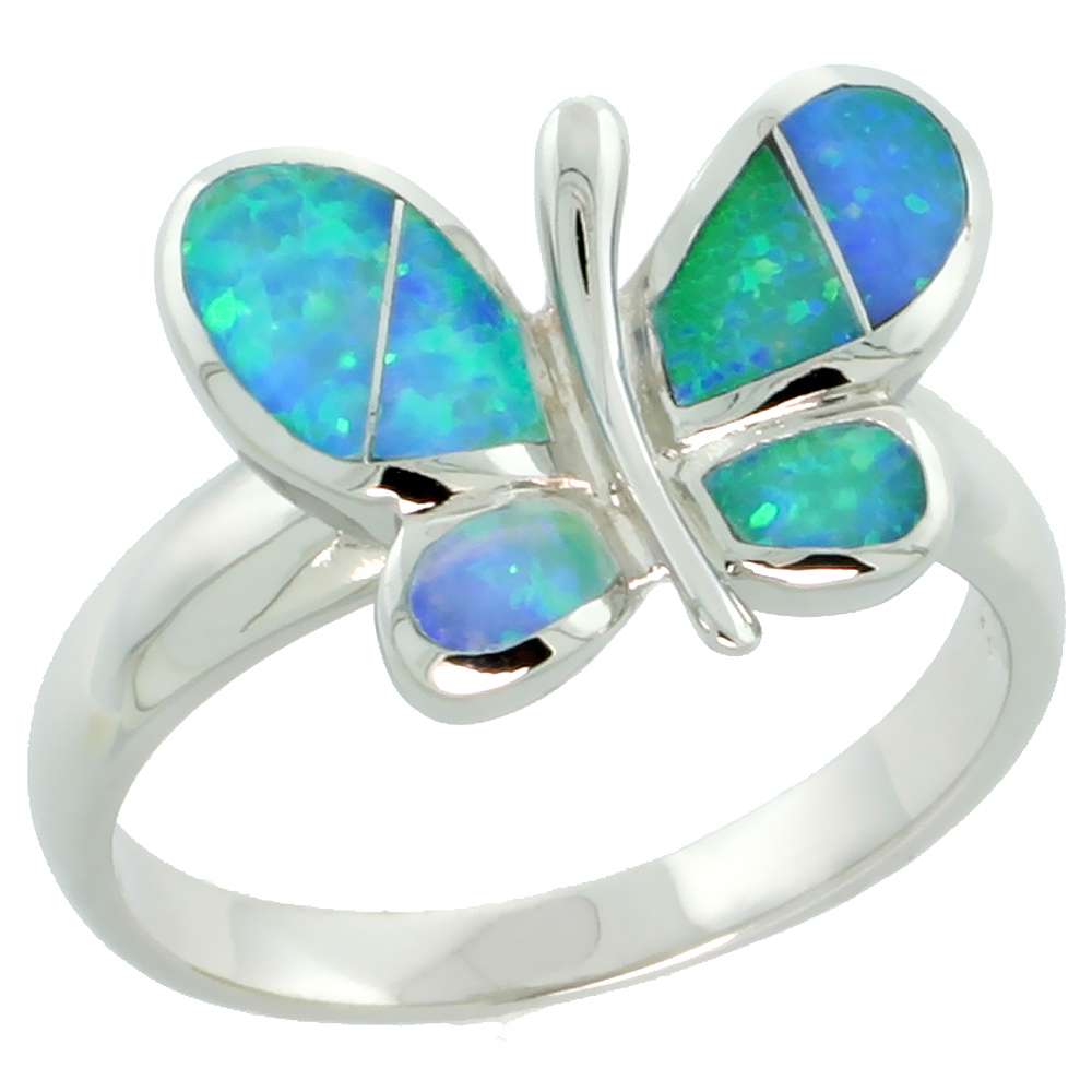 Sabrina Silver Sterling Silver Blue Synthetic Opal Butterfly Ring for Women Rounded Wings 7/16 inch