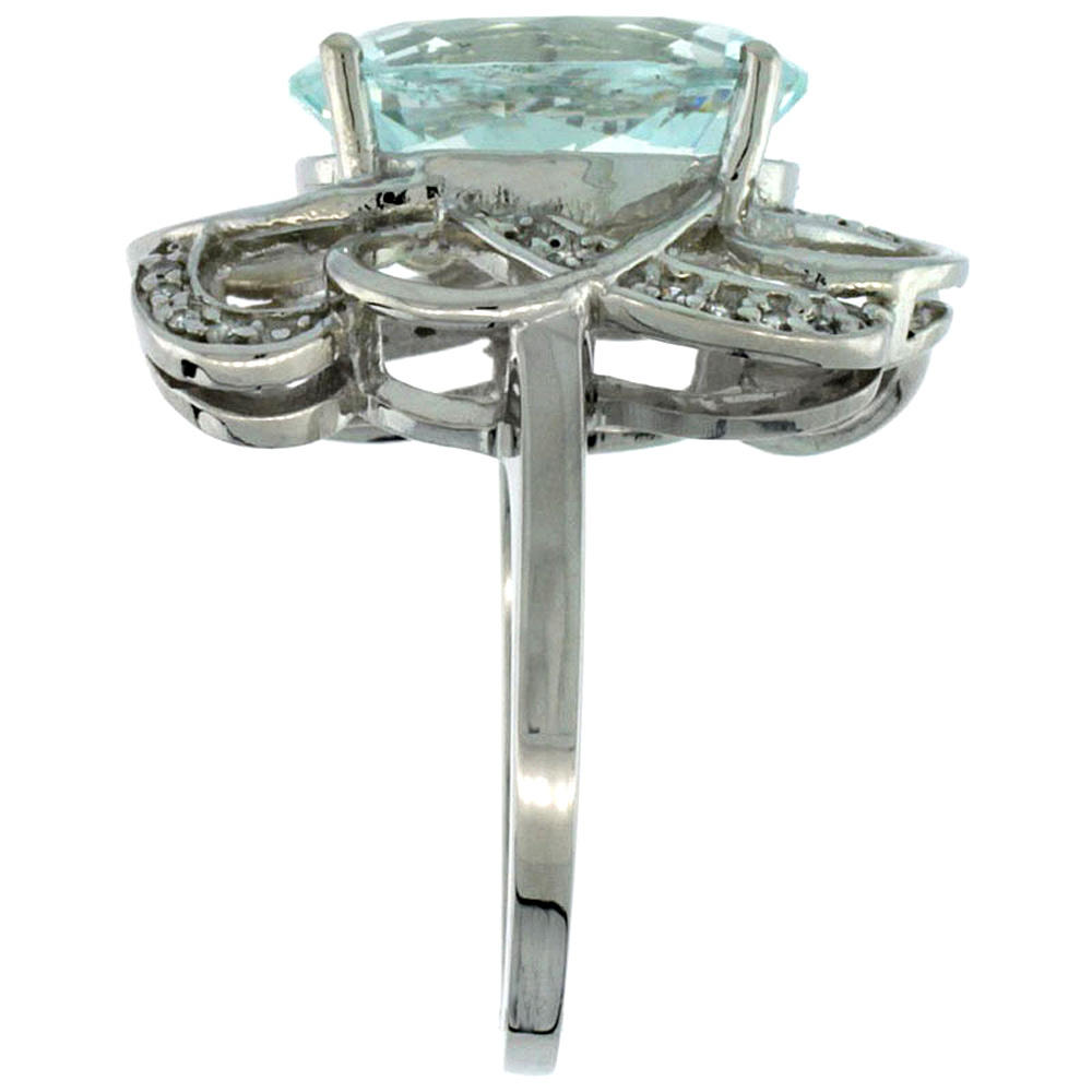 Sabrina Silver 14k White Gold Natural Aquamarine Floral Design Ring 13x9 mm Oval Shape Diamond Accent, 7/8inch wide