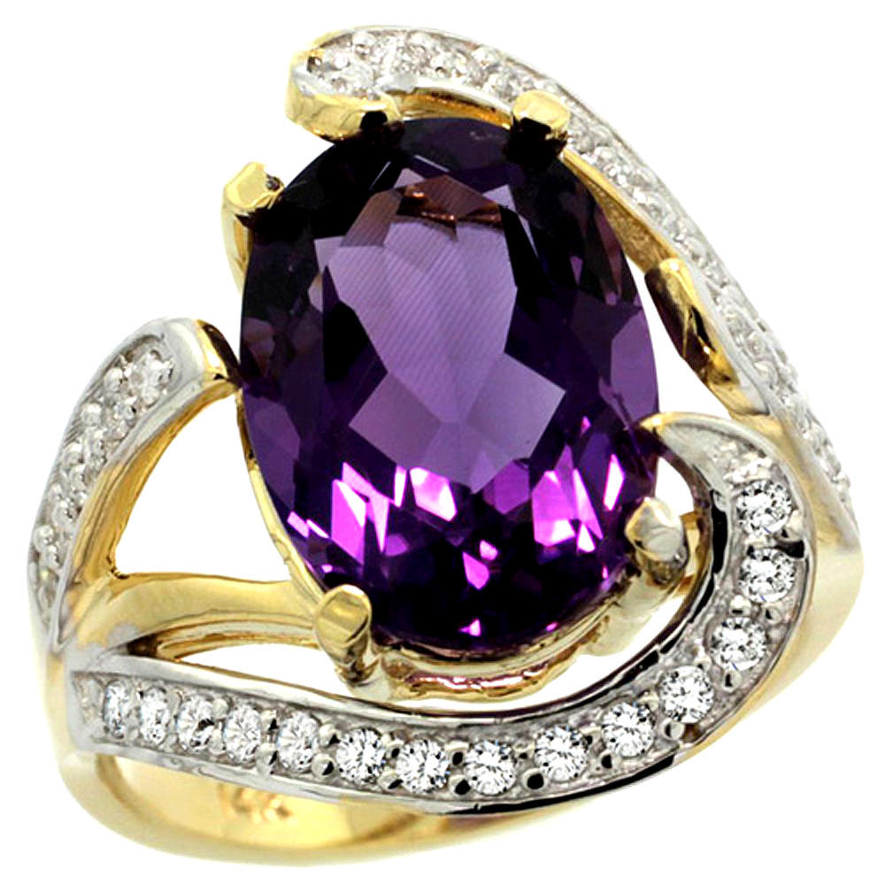 Sabrina Silver 14k Yellow Gold Natural Amethyst Ring Oval 14x10mm Diamond Accent, 3/4 inch wide, sizes 5 - 10