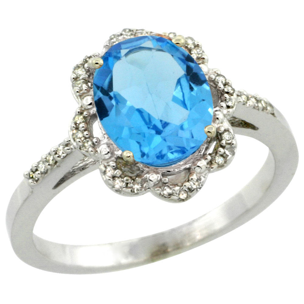 Sabrina Silver 14K White Gold Diamond Halo Natural Swiss Blue Topaz Engagement Ring Oval 9x7mm, sizes 5-10