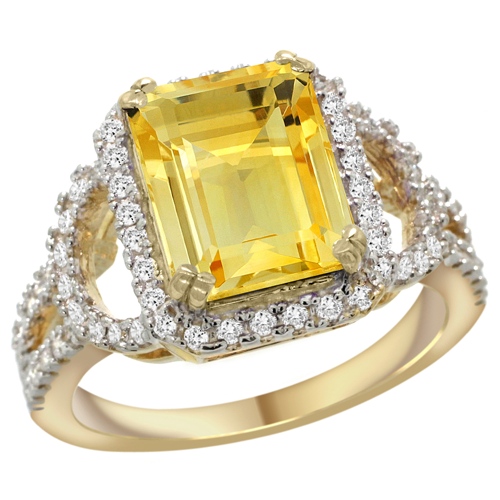 Sabrina Silver 14k Yellow Gold Natural Citrine Ring Octagon 10x8mm Diamond Halo, 1/2inch wide, sizes 5 - 10