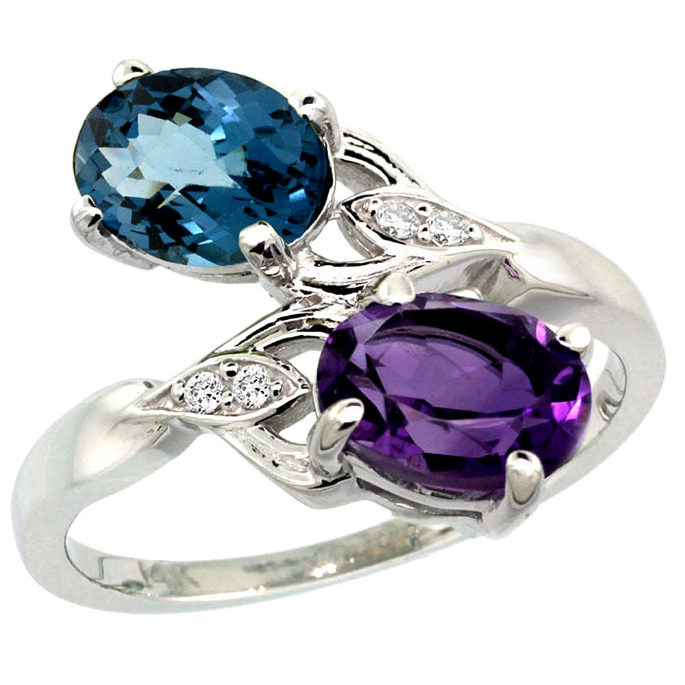 Sabrina Silver 14k White Gold Diamond Natural Amethyst & London Blue Topaz 2-stone Ring Oval 8x6mm, sizes 5 - 10