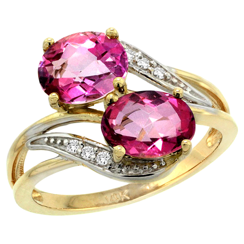 Sabrina Silver 14K Yellow Gold Diamond Natural Pink Topaz 2-stone Ring Oval 8x6mm, sizes 5 - 10