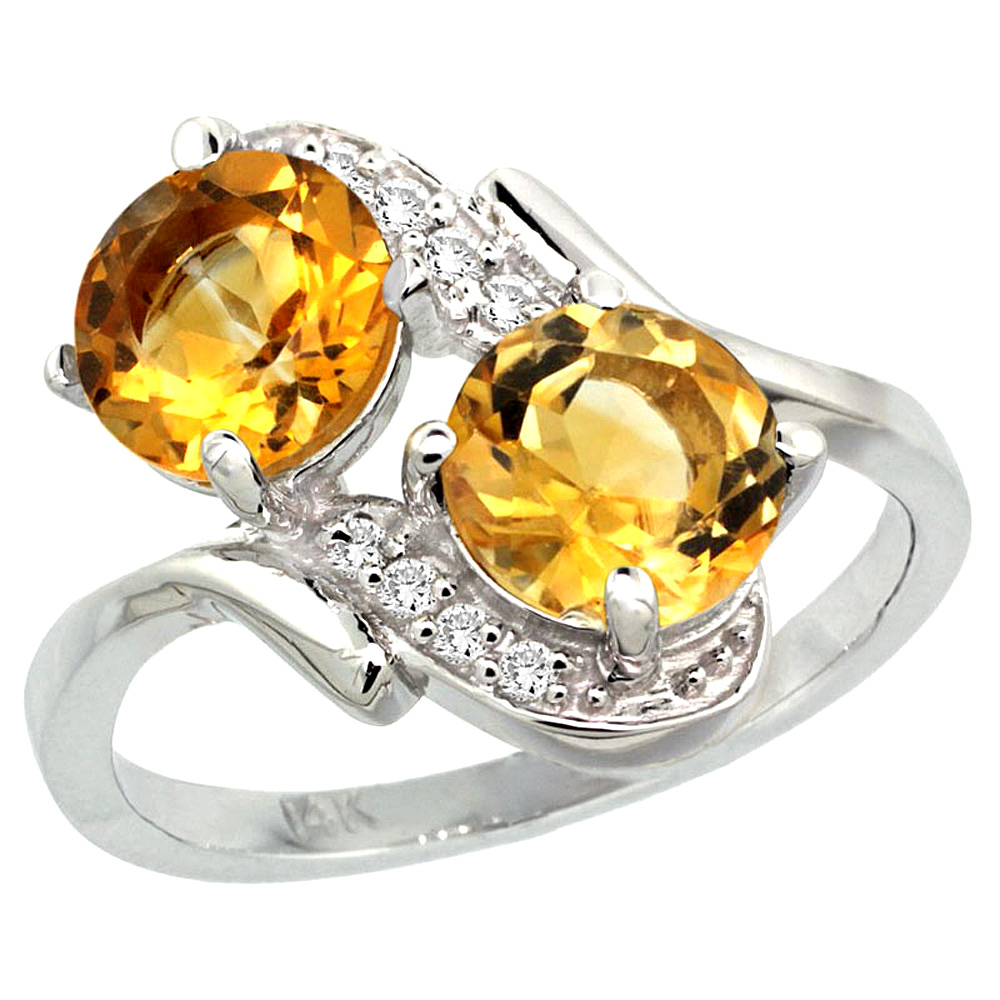 Sabrina Silver 14k White Gold Diamond Natural Citrine Mother"s Ring Round 7mm, 3/4 inch wide, sizes 5 - 10