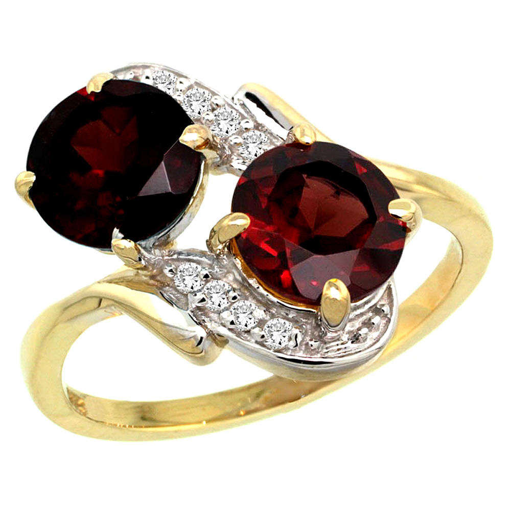 Sabrina Silver 14k Yellow Gold Diamond Natural Garnet Mother"s Ring Round 7mm, 3/4 inch wide, sizes 5 - 10