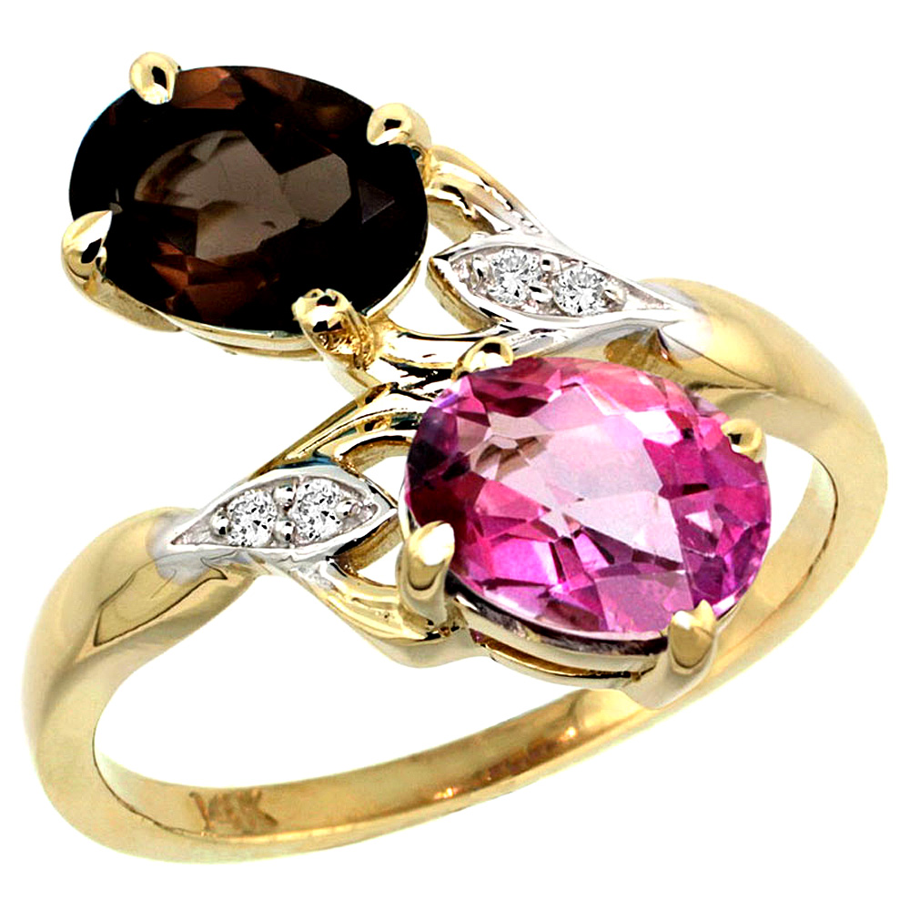 Sabrina Silver 14k Yellow Gold Diamond Natural Pink & Smoky Topaz 2-stone Ring Oval 8x6mm, sizes 5 - 10