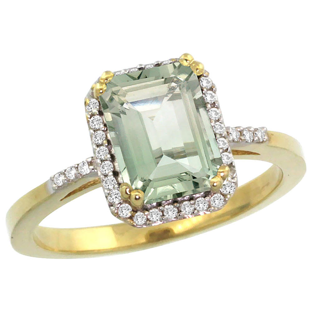Sabrina Silver 10K Yellow Gold Diamond Genuine Green Amethyst Ring Emerald-cut 8x6mm sizes 5-10