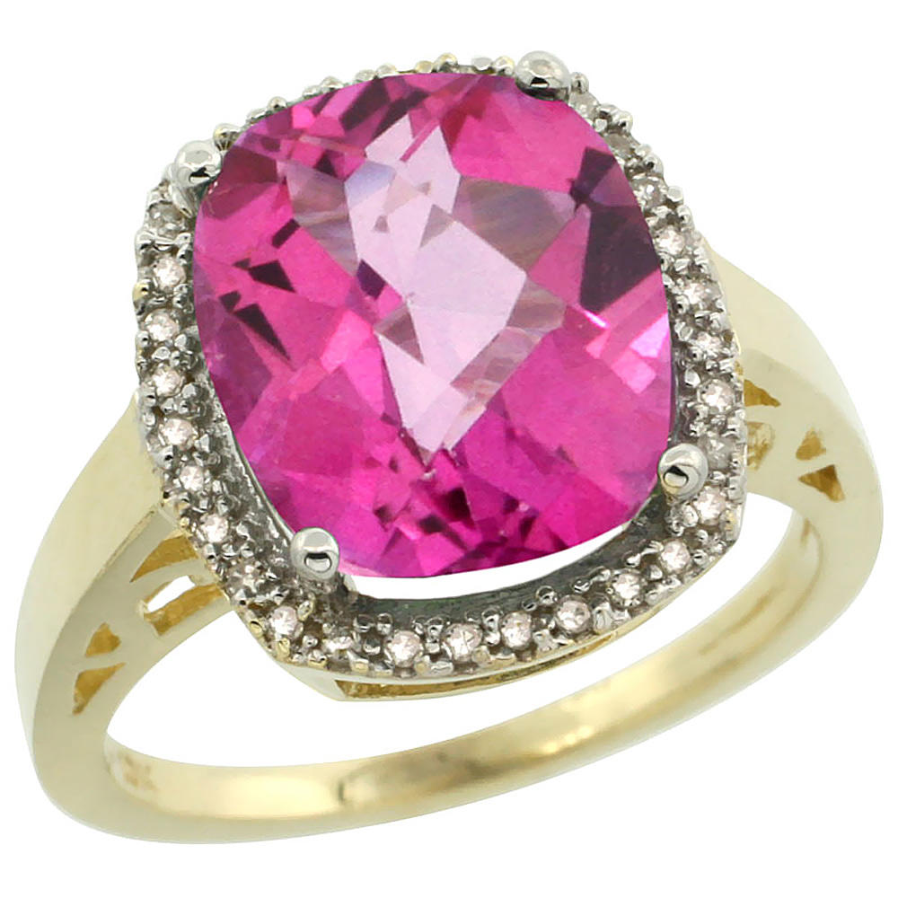 Sabrina Silver 14K Yellow Gold Diamond Natural Pink Topaz Ring Cushion-cut 12x10mm, sizes 5-10