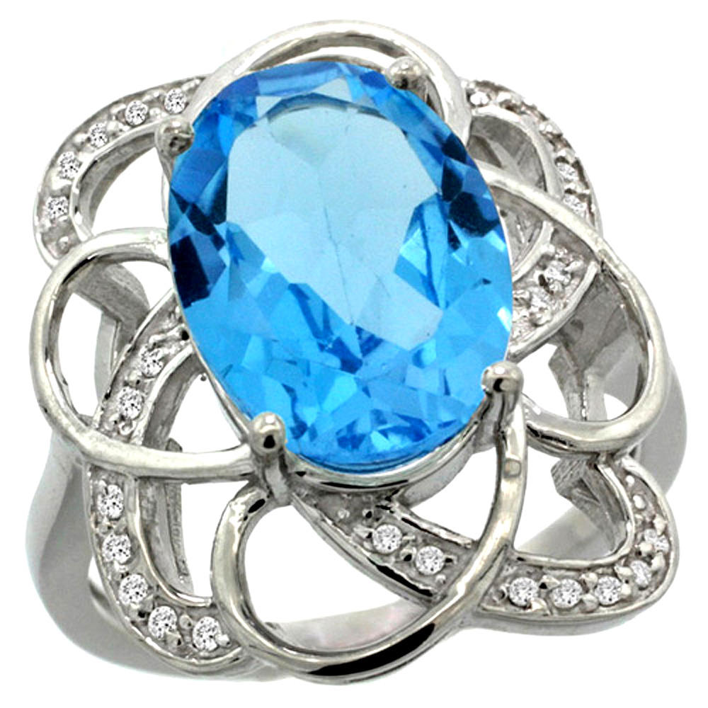Sabrina Silver 14k White Gold Natural Swiss Blue Topaz Floral Design Ring 13x9 mm Oval Shape Diamond Accent, 7/8inch wide