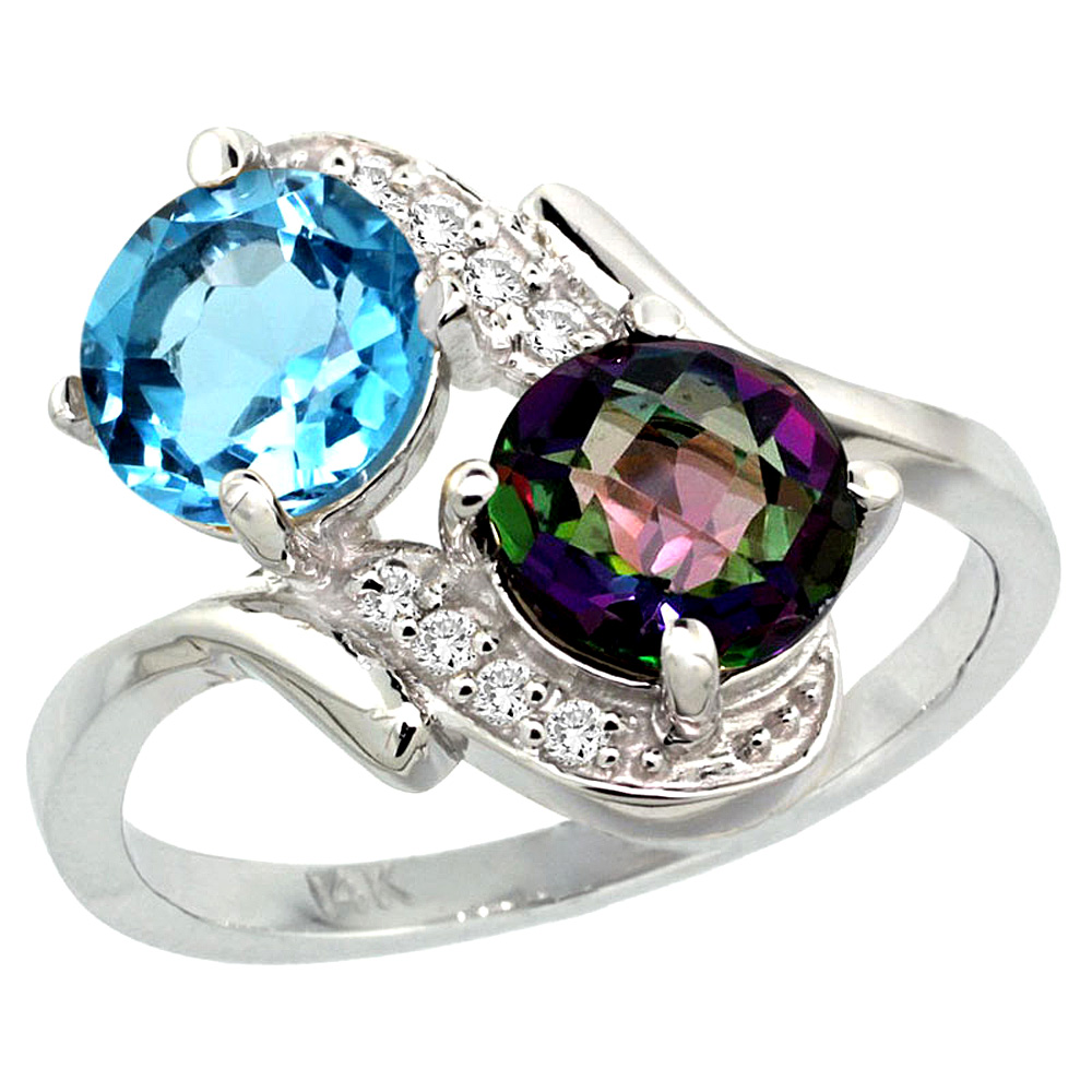 Sabrina Silver 14k White Gold Diamond Natural Swiss Blue & Mystic Topaz Mother"s Ring Round 7mm, 3/4 inch wide, sizes 5 - 10