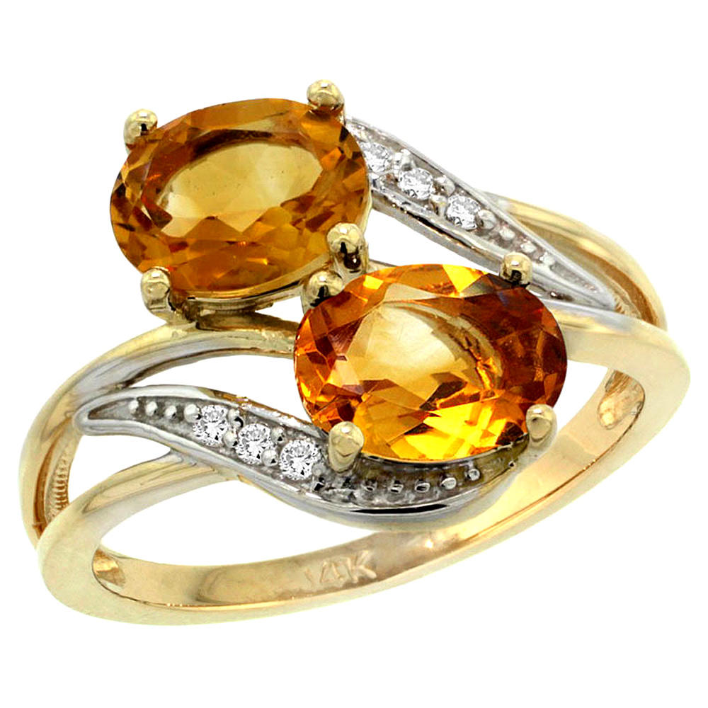 Sabrina Silver 14K Yellow Gold Diamond Natural Citrine 2-stone Ring Oval 8x6mm, sizes 5 - 10