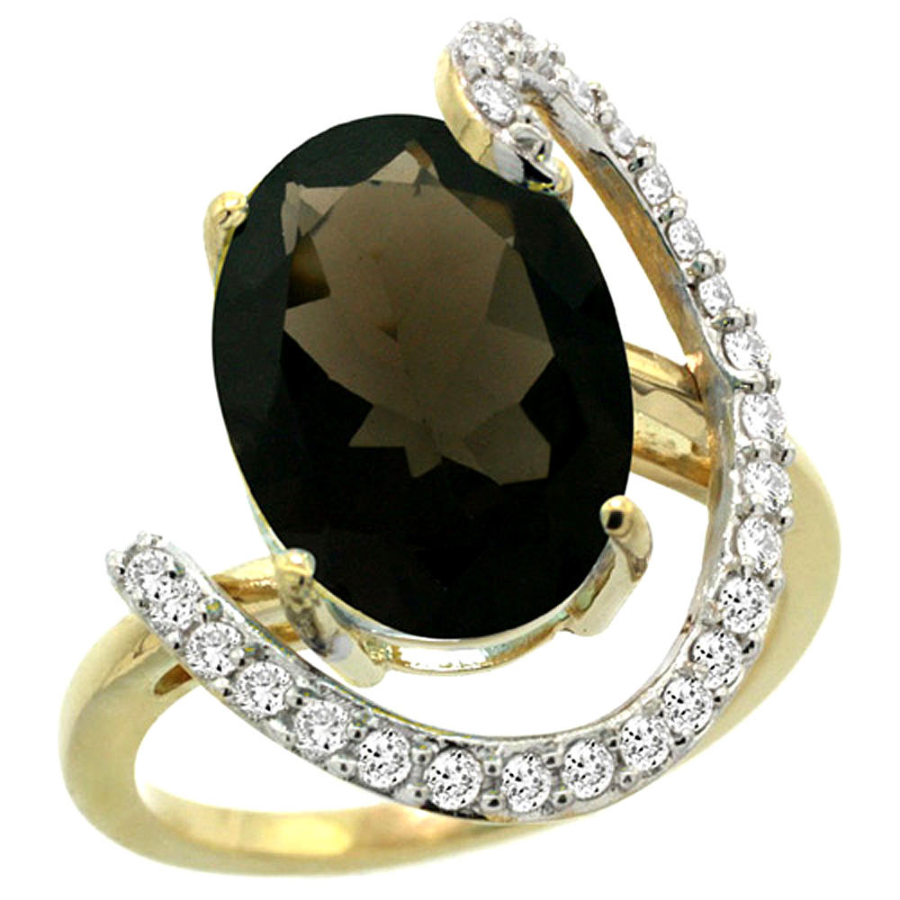 Sabrina Silver 14k Yellow Gold Natural Smoky Topaz Ring Oval 14x10 Diamond Accent, 3/4inch wide, sizes 5 - 10