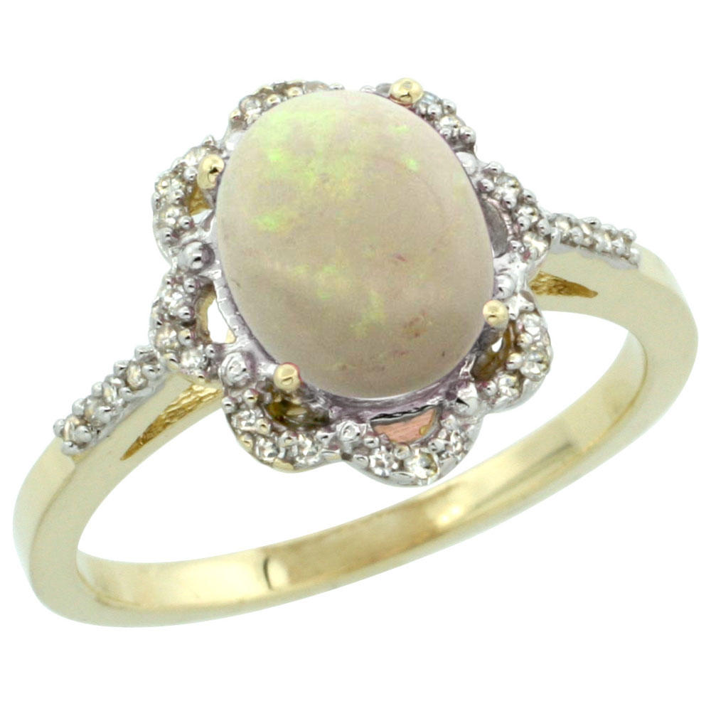 Sabrina Silver 14K Yellow Gold Diamond Halo Natural Opal Engagement Ring Oval 9x7mm, sizes 5-10
