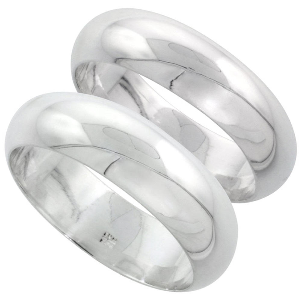 Sabrina Silver Sterling Silver High Dome Wedding Band Ring Set His and Hers 6 mm + 7 mm sizes 4 to 13.5