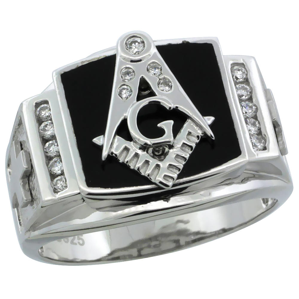 Sabrina Silver Mens Sterling Silver Black Onyx Masonic Ring CZ Stones & Frosted Crosses on Sides, 19/32 inch wide