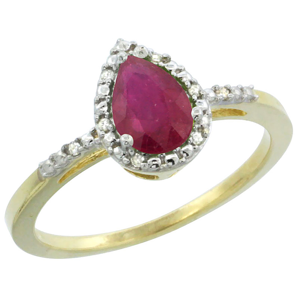Sabrina Silver 10K Yellow Gold Diamond Enhanced Ruby Ring Pear 7x5mm, sizes 5-10