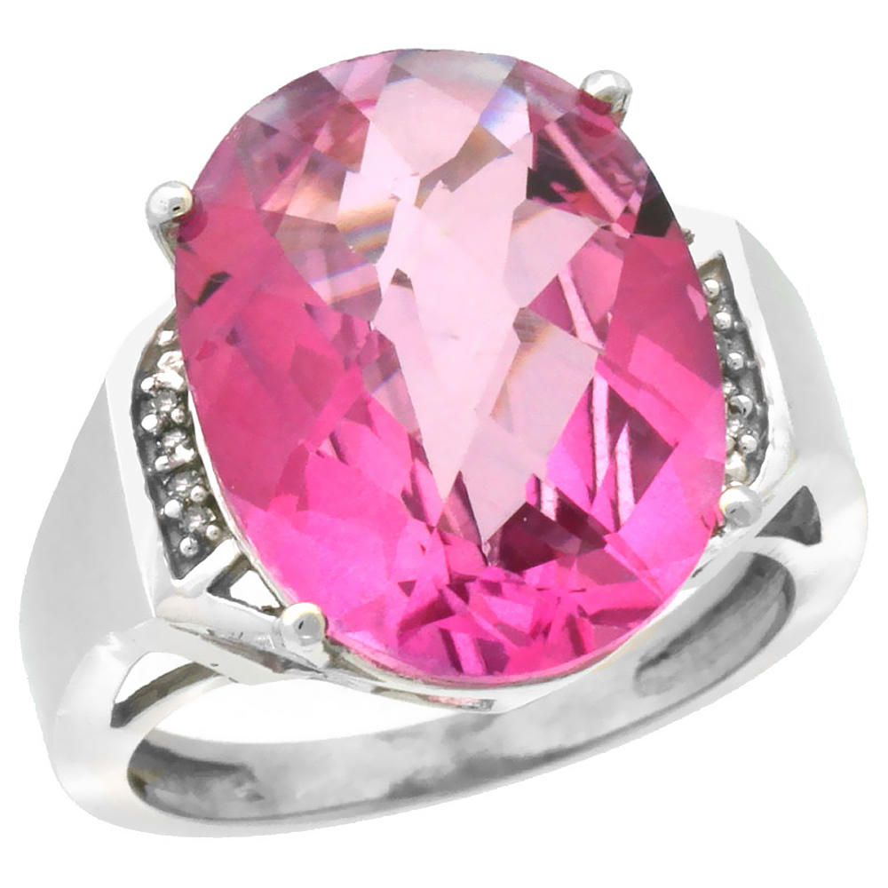 Sabrina Silver 10K White Gold Diamond Natural Pink Topaz Ring Oval 16x12mm, sizes 5-10