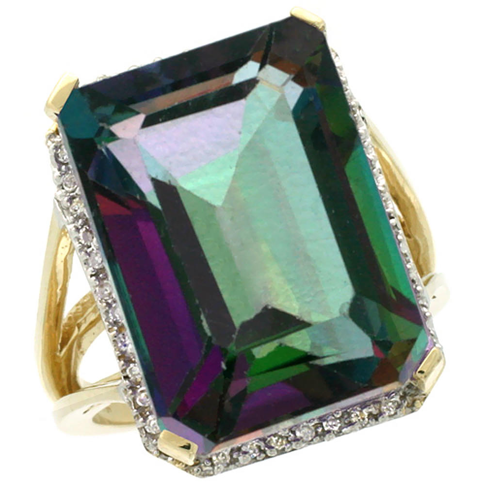 Sabrina Silver 10K Yellow Gold Natural Diamond Mystic Topaz Ring Emerald-cut 18x13mm, sizes 5-10